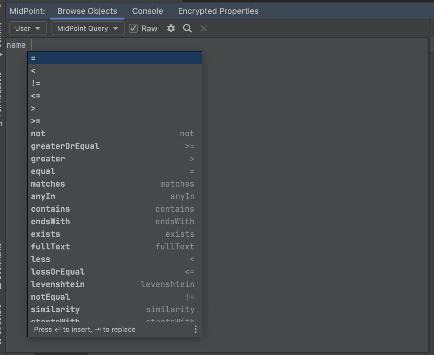 code completions for fitler name