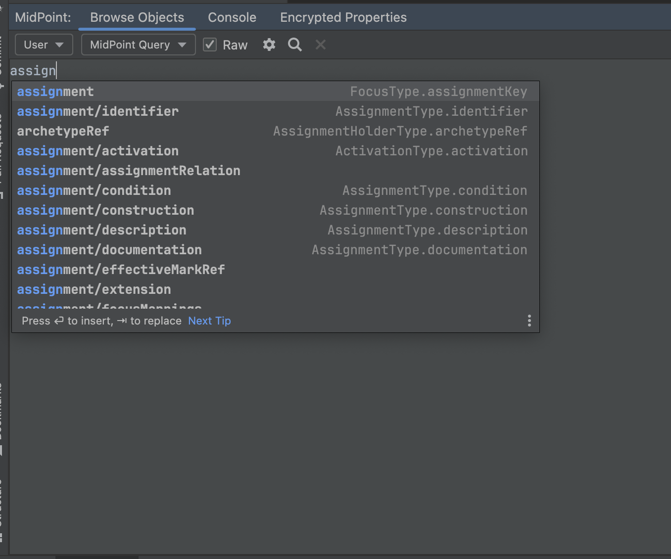 code completions for Item Path