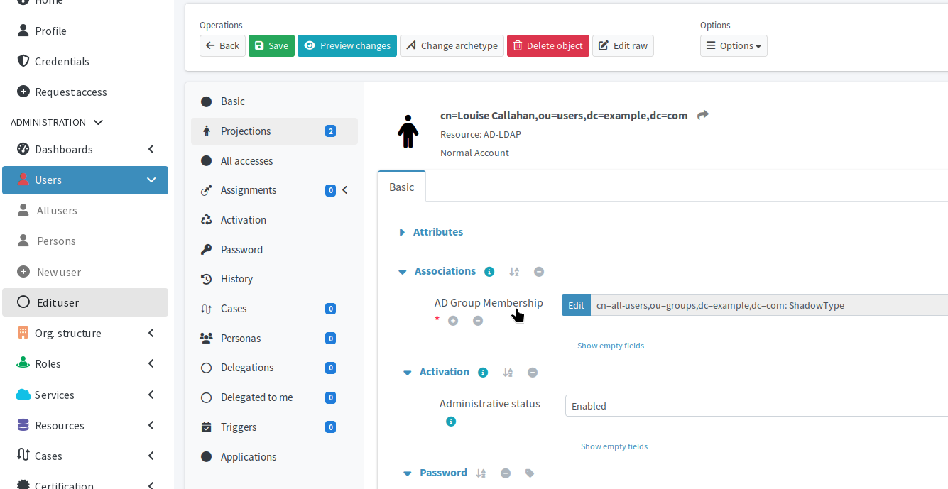 The projections screen in Luise Callahan’s user profile in midPoint showing the user is a member of the all-users group in AD