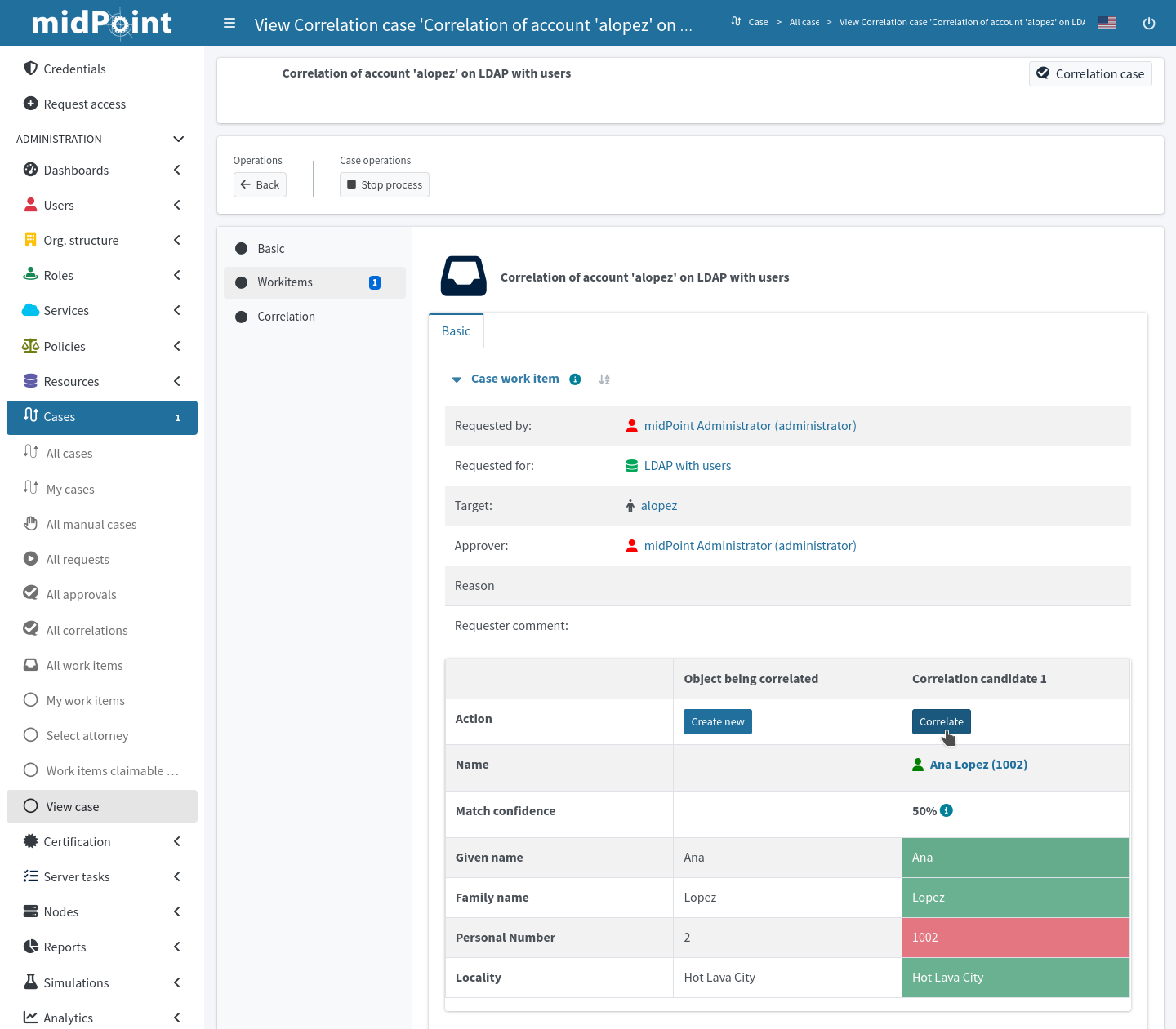 A correlation case workitems screen showing a suggested resource object owner candidate