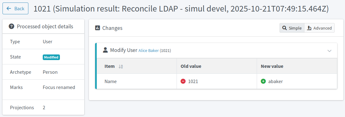 A single user import preview result showing that the username would be imported successfully and the focus object would be renamed