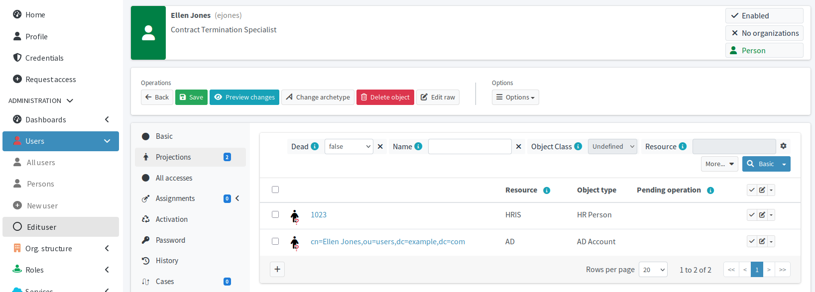 User with two projections to HRIS and AD systems