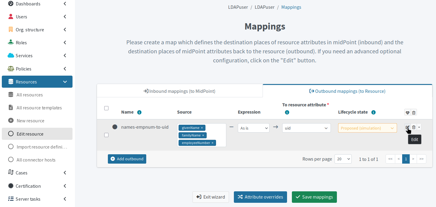 Enter advanced mapping settings by clicking the Edit button on the row with the particular mapping in the mapping list