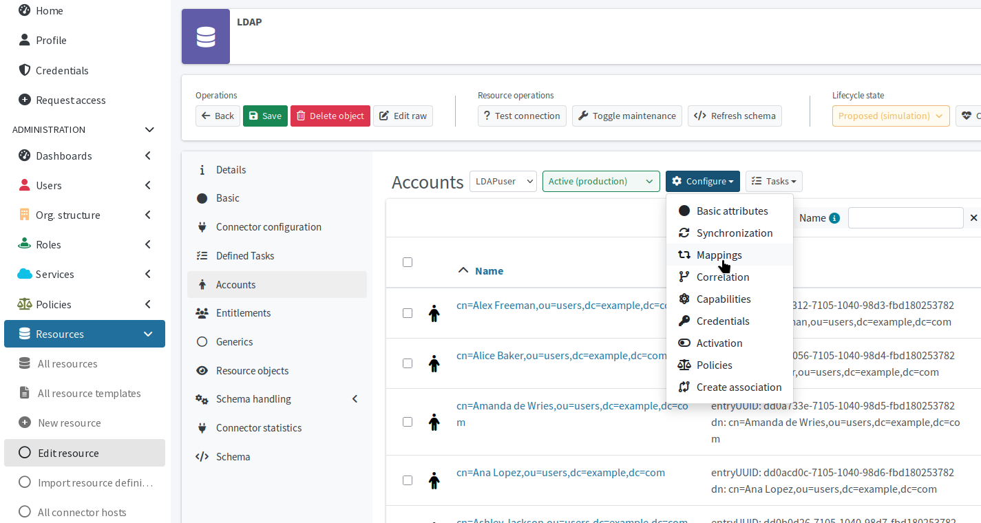 Configuration menu in resource accounts list as an entry point to the mapping rules wizard