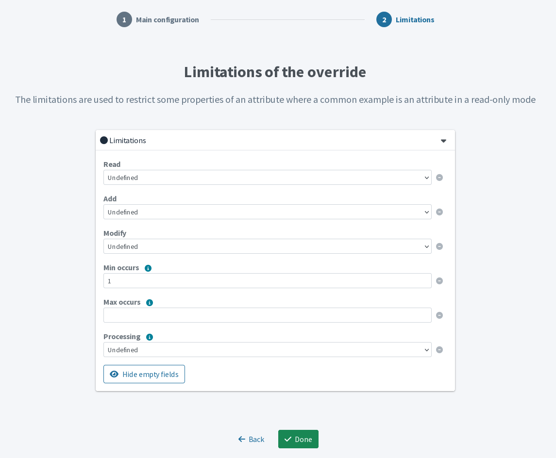The limitations screen of the advanced attribute override wizard