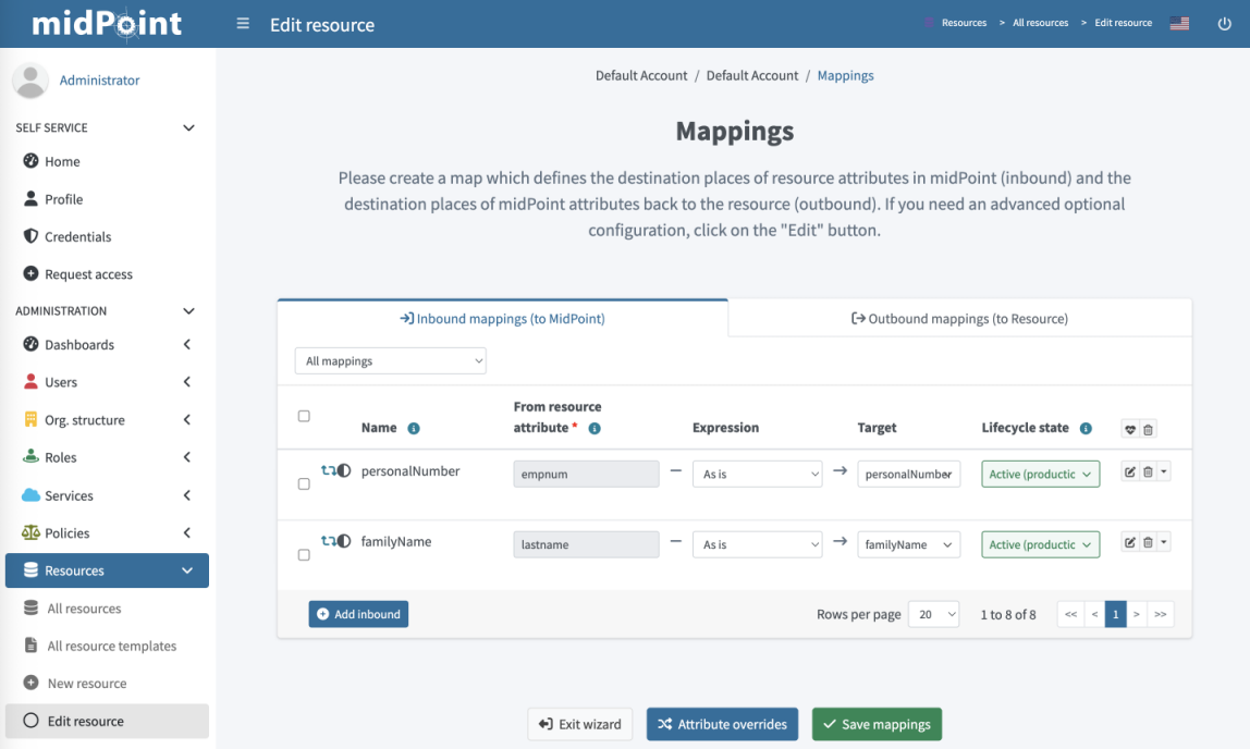 A screen listing all inbound mappings