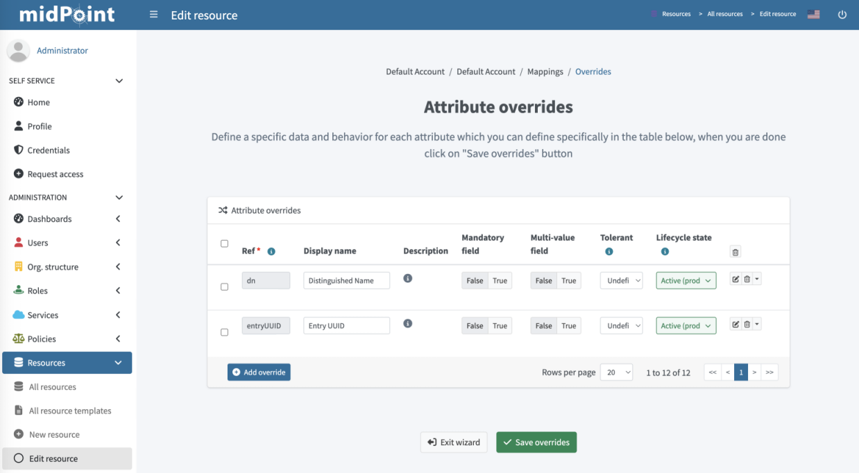 Screen listing configured attribute overrides