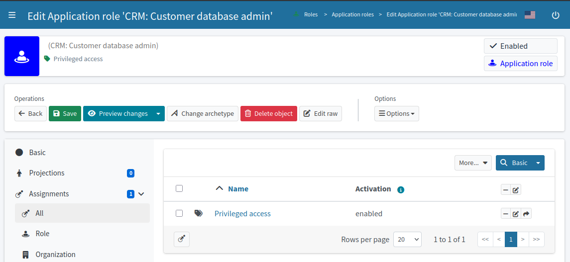 Privileged access classification assigned to application role