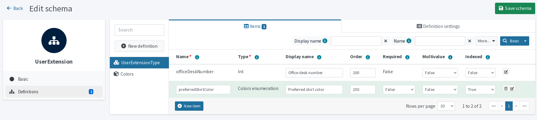 Schema extension definitions view with a new preferredShirtColor attribute using Colors enumeration as its type