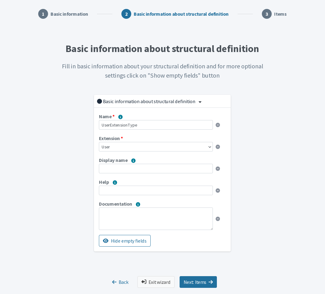 A form for basic structural information about the new schema extension