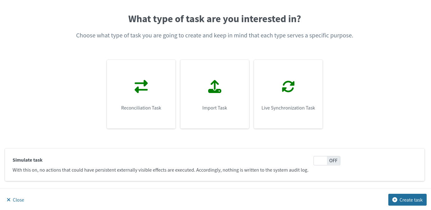 gui task type selection modal