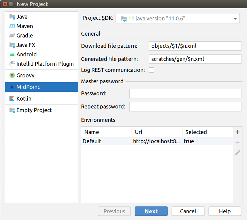 Screenshot of creating project